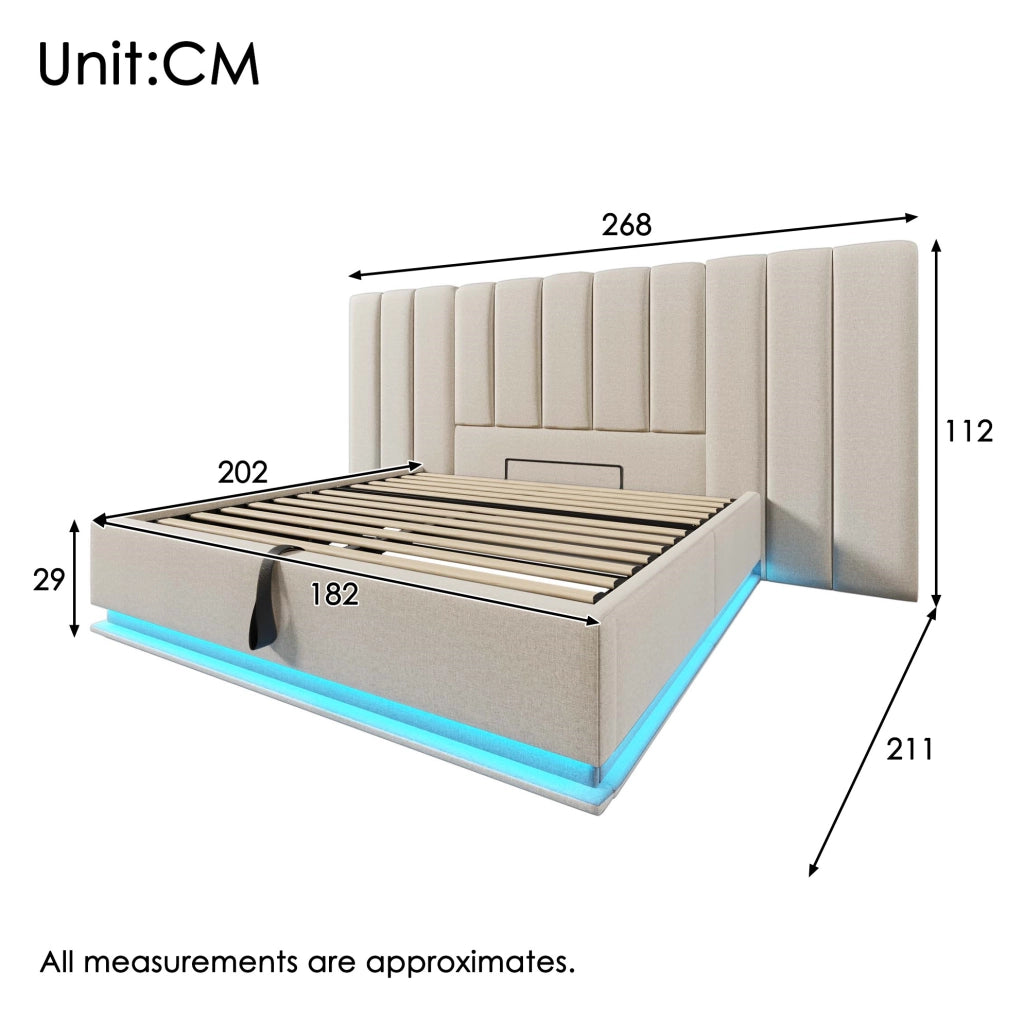 Letto imbottito matrimoniale 180x200 cm con contenitore; LED 360°; USB e Type-C; beige; con materasso