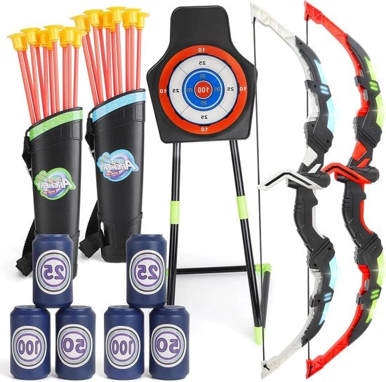 Set di tiro con l'arco per bambini con LED - set di tiro con l'arco per bambini - 1 bersaglio - 2 archi - 2 fionde - 20 frecce - punteria - 6 bersagli - giocattolo di tiro con l'arco per bambini - 4-9 anni