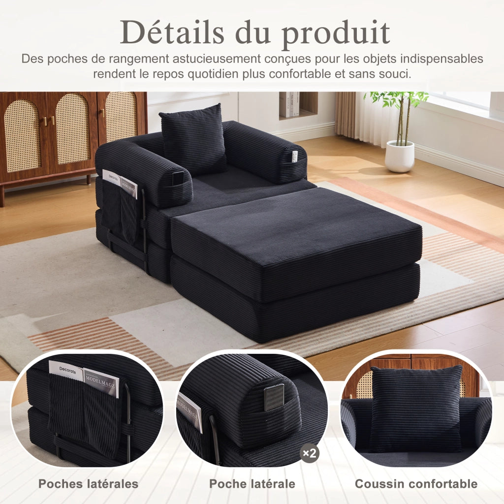 Poltrona modulare con pouf - con tasca laterale e cuscino - in ciniglia nera