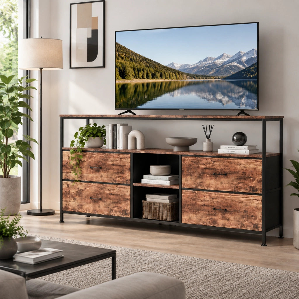 Mobile Porta TV 108x29x76 cm, Mobile Contenitore Soggiorno con 2 Ripiani e 4 Cassetti, Luci LED RGB per Soggiorno, Camera da Letto, Effetto Legno