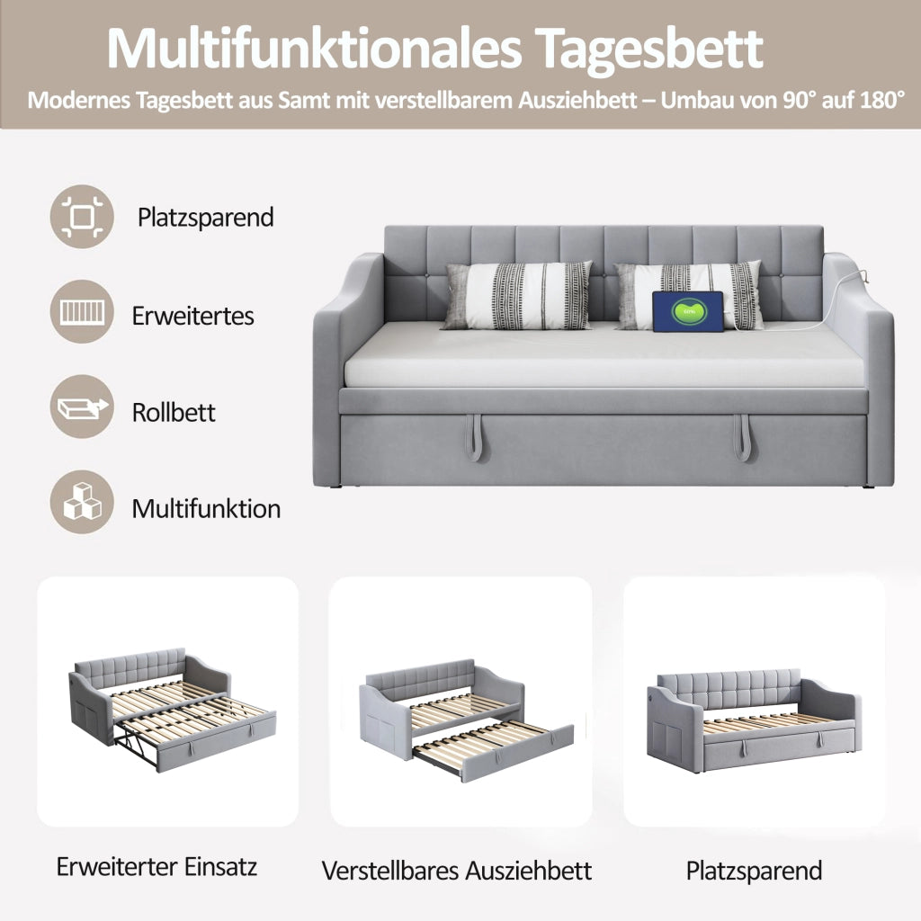 Divano letto multifunzione 2 in 1 90 x 180 x 190 cm, letto imbottito in velluto con presa e tasca contenitore - Grigio chiaro