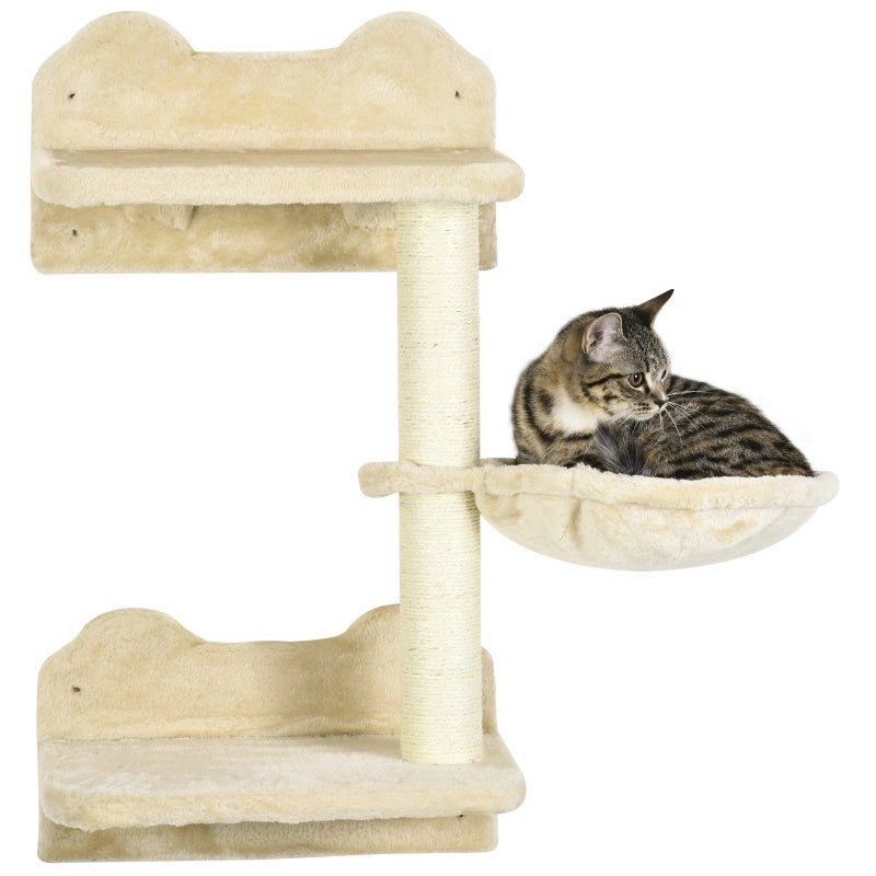 Set di gradini da parete per gatti 4 pezzi con tiragraffi amaca e piattaforma beige in peluche per arrampicarsi