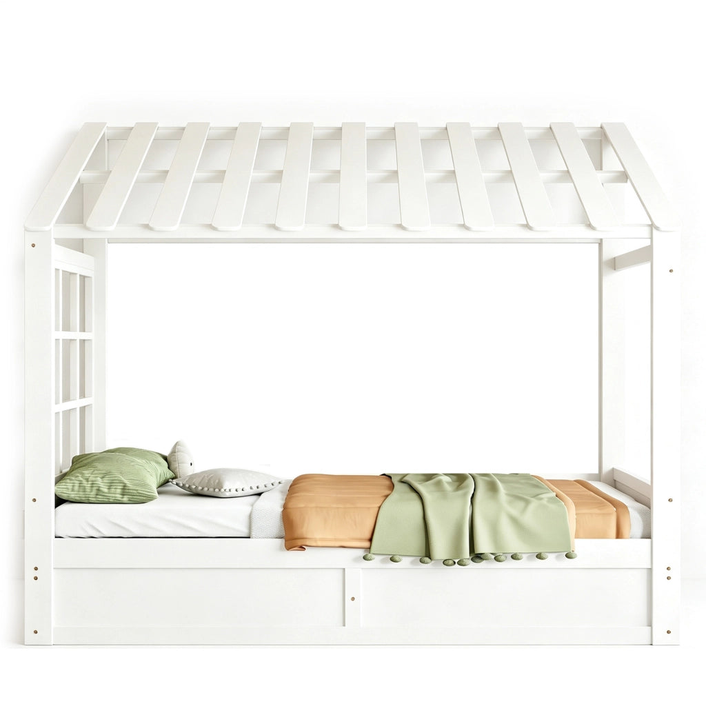 Letto a forma di casa ULEVR 90x200 cm con contenitore idraulico e vani laterali, bianco