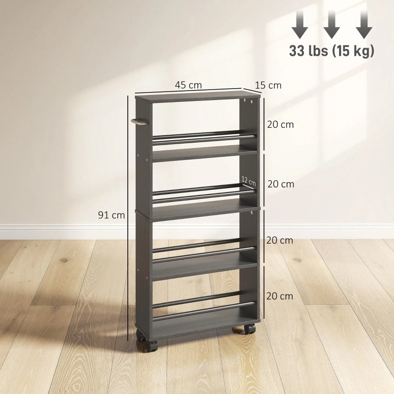 Carrello Portaoggetti Mobile con 4 Ripiani, 45x15x91 cm, Nero, Design Salvaspazio