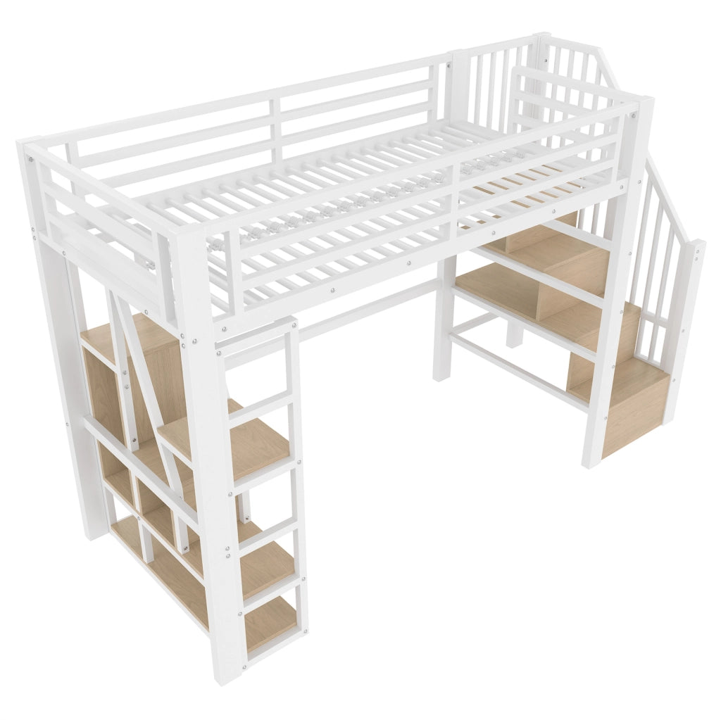 Letto a soppalco 90x200 cm in metallo con scala, ripiani e illuminazione LED integrata, bianco