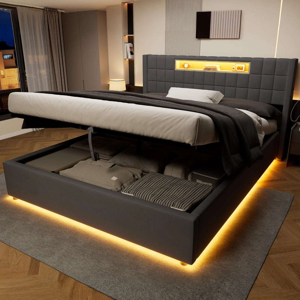 Letto matrimoniale imbottito con LED e vano contenitore 160 x 200 cm