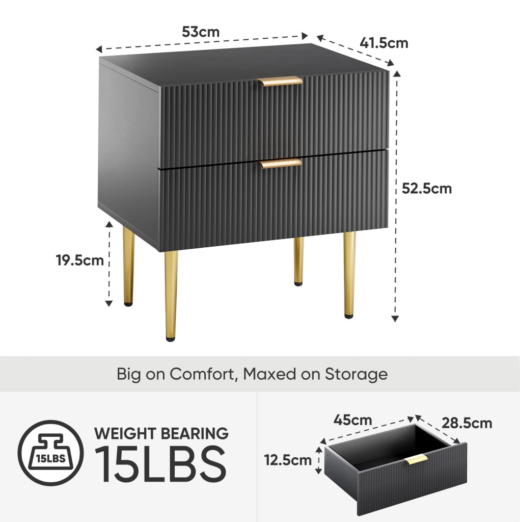 Comodino nero in MDF e metallo con motivo verticale e 2 cassetti