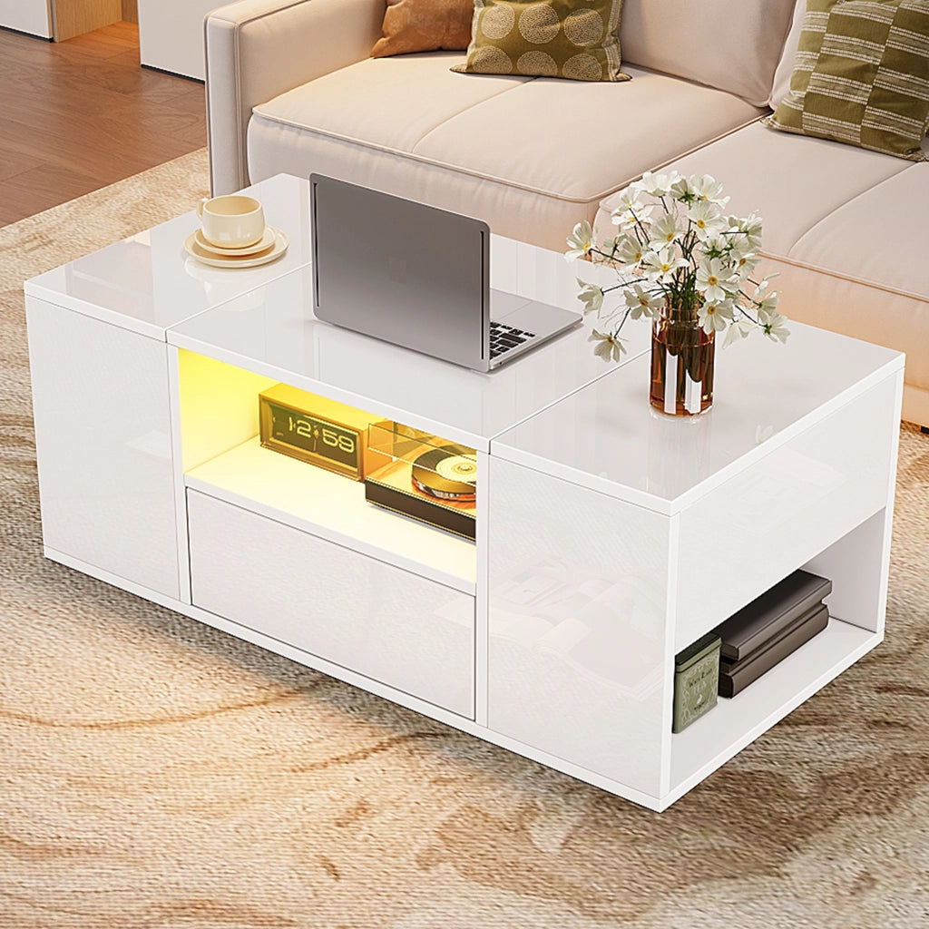 Tavolino da salotto 100 x 50 x 40 cm con LED; finitura bianco lucido; da assemblare