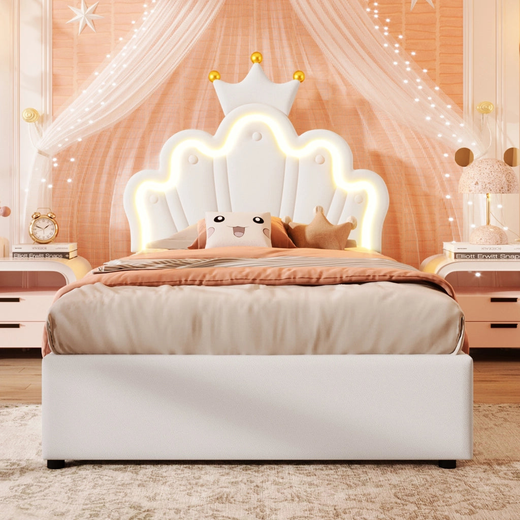 Letto singolo imbottito 90 × 200 cm con contenitore idraulico PU bianco testiera regolabile e LED