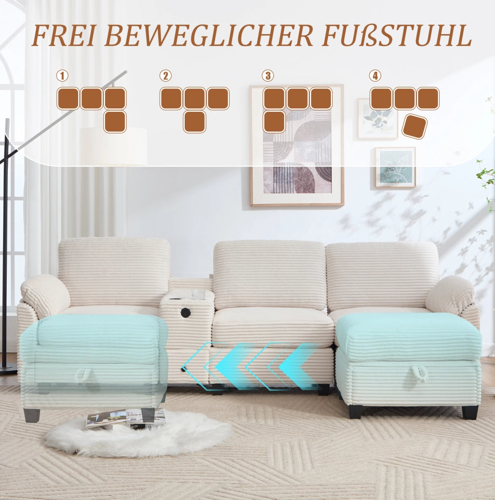 Divano beige in velluto a coste con console scorrevole; USB-C e pouf contenitore – 266 × 136 × 82 cm