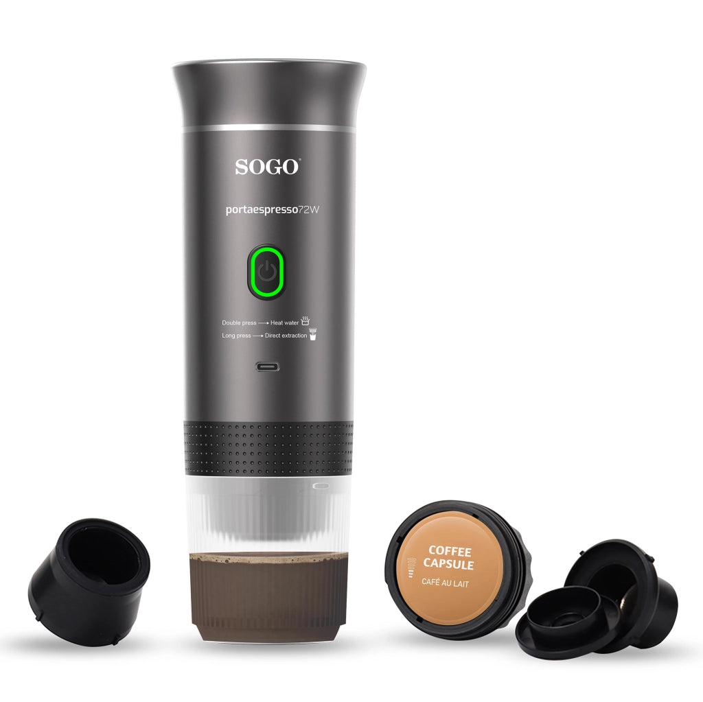 Macchina Caffè Portatile 4in1 20 Bar per Capsule Nespresso® Dolce Gusto® e Macinato, Batteria 7500mAh USB-C, Caldo/Freddo