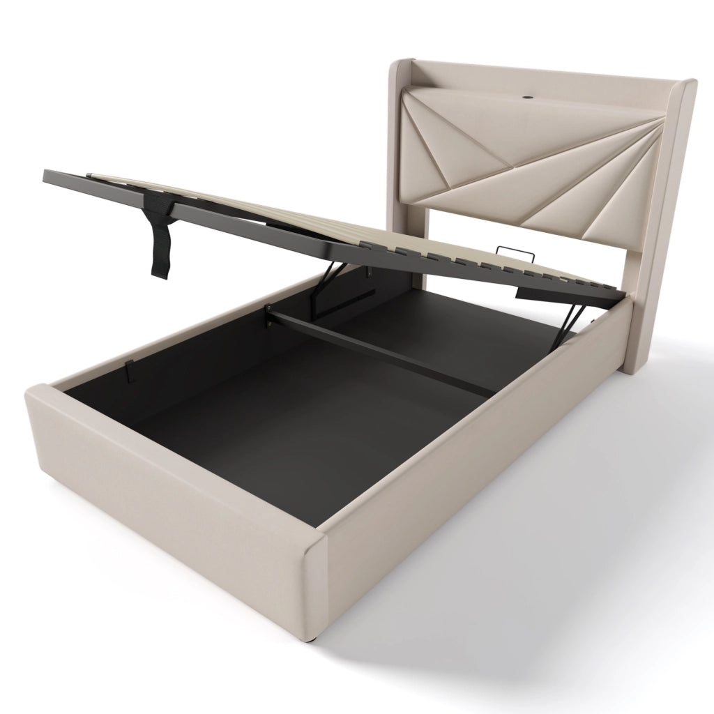 Letto singolo imbottito con contenitore e testiera USB Tipo C 90x200 cm senza materasso