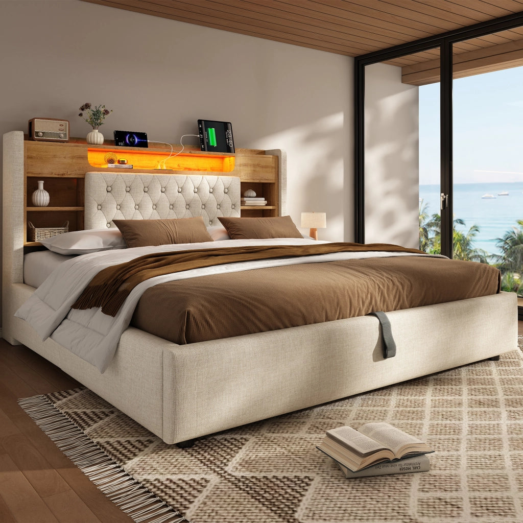 Letto matrimoniale 160x200 cm con contenitore idraulico, LED e porte USB, beige