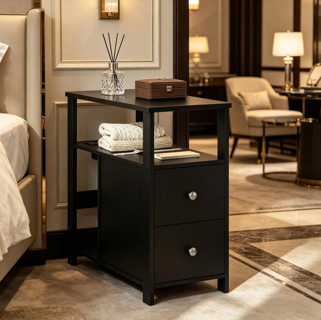 Tavolino laterale nero 60x60x30 cm con 2 cassetti, 2 prese AC e 2 porte USB