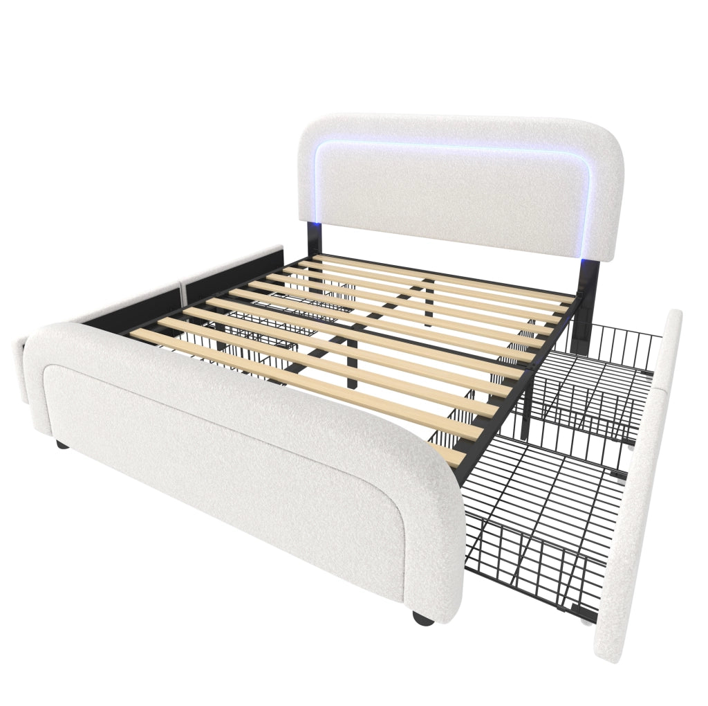 Letto matrimoniale 160x200 cm in sherpa bianco con materasso; 4 cassetti; LED e USB/Type-C HOMVRA