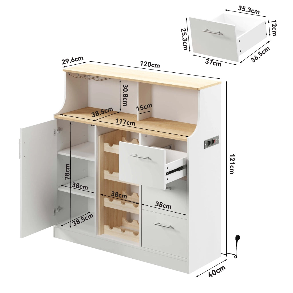 Sideboard Bar con LED, prese, portabicchieri e cantinetta, ampio spazio di archiviazione, ideale per ristorante e cucina