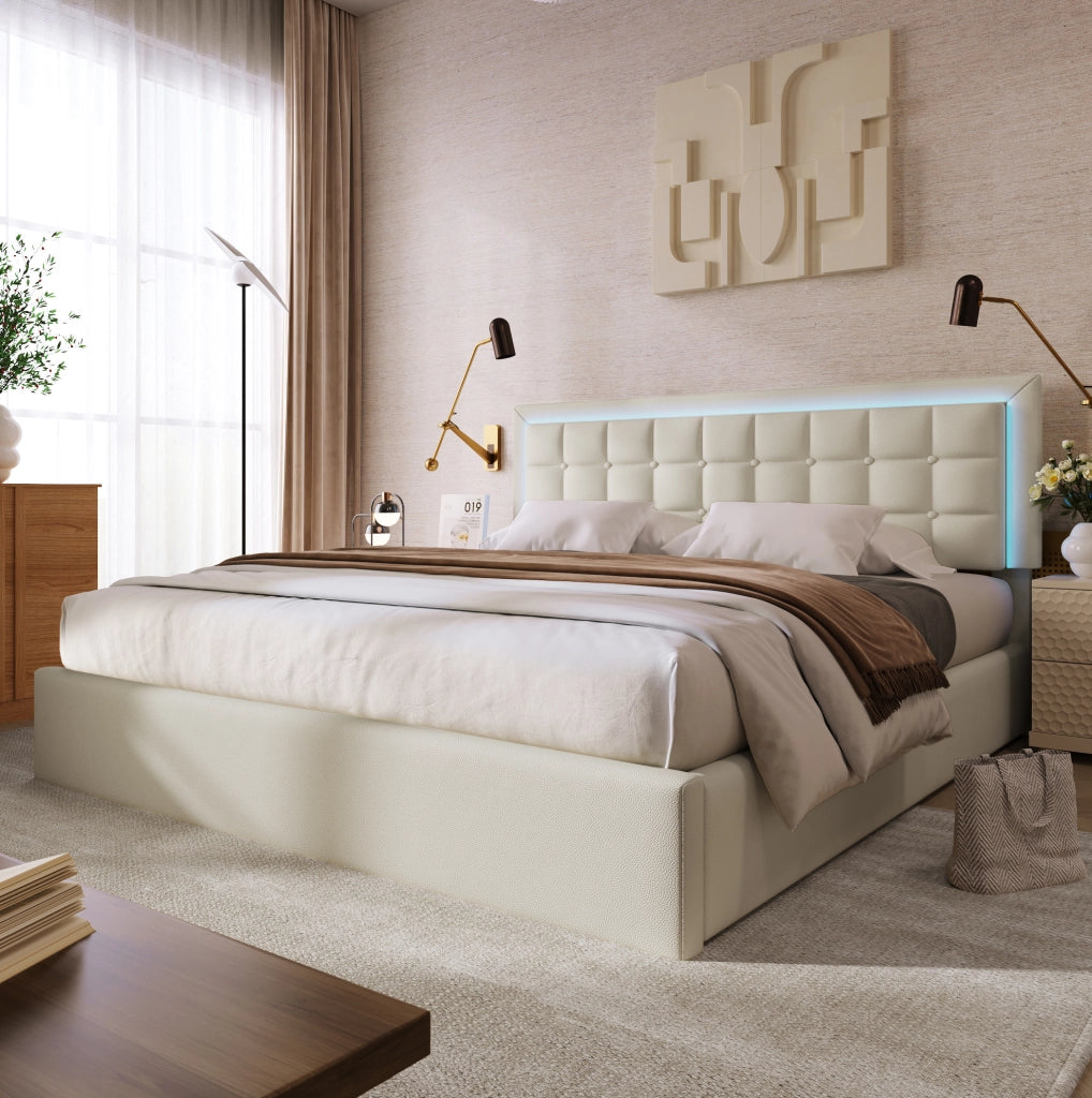 Letto matrimoniale contenitore 140x200 cm con LED e materasso in PU bianco HOMVRA