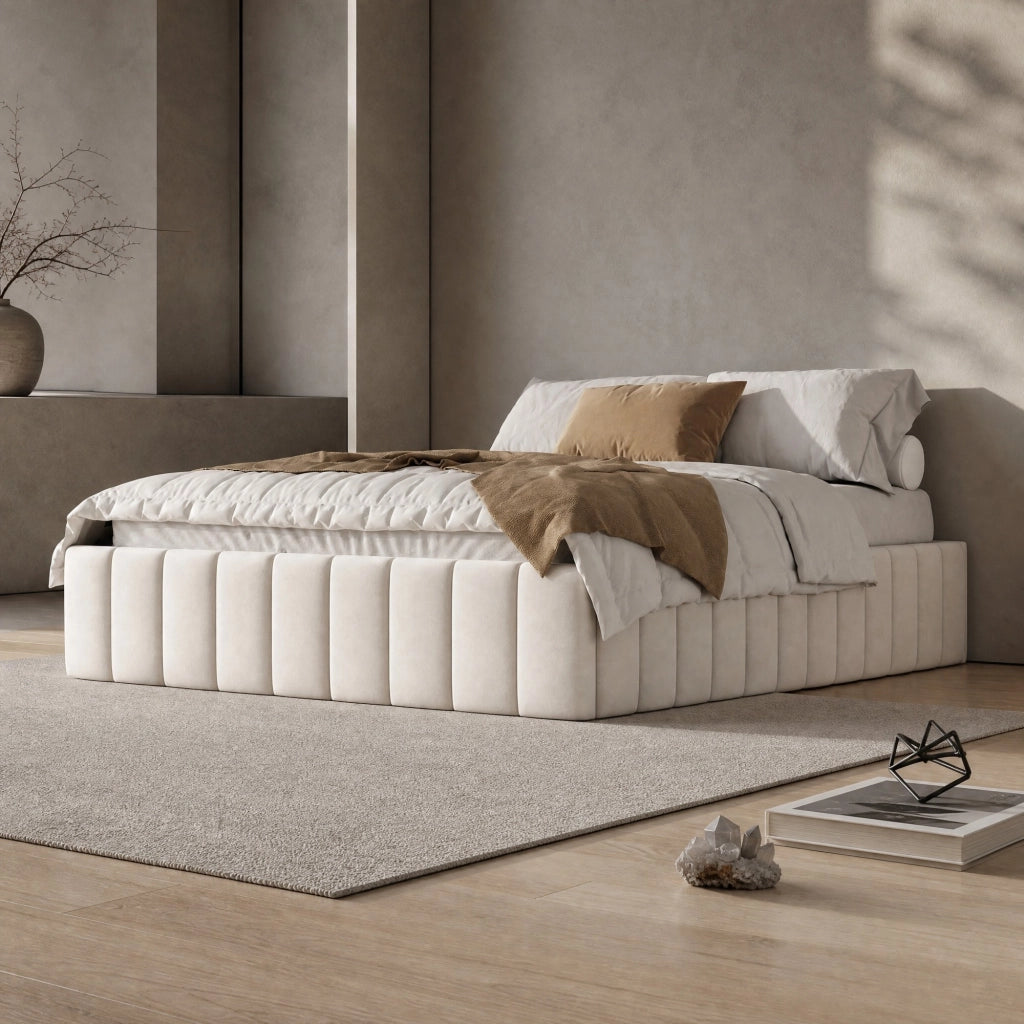 Letto con cassetti 140 × 200 cm con rete a doghe senza testiera in velluto e MDF beige