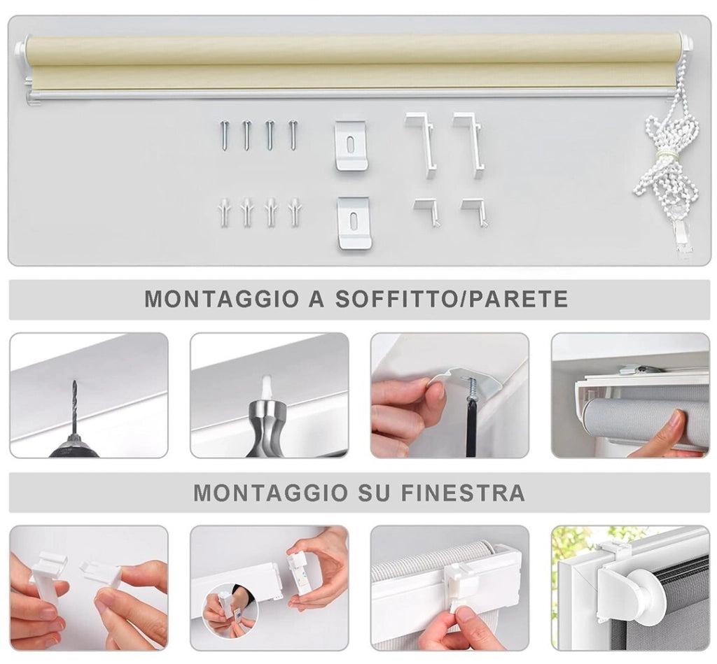Tenda a Rullo 60x180 Cm Finestra Porta Interno Casa Ufficio Kit Montaggio Parete Telaio No Fori Nero