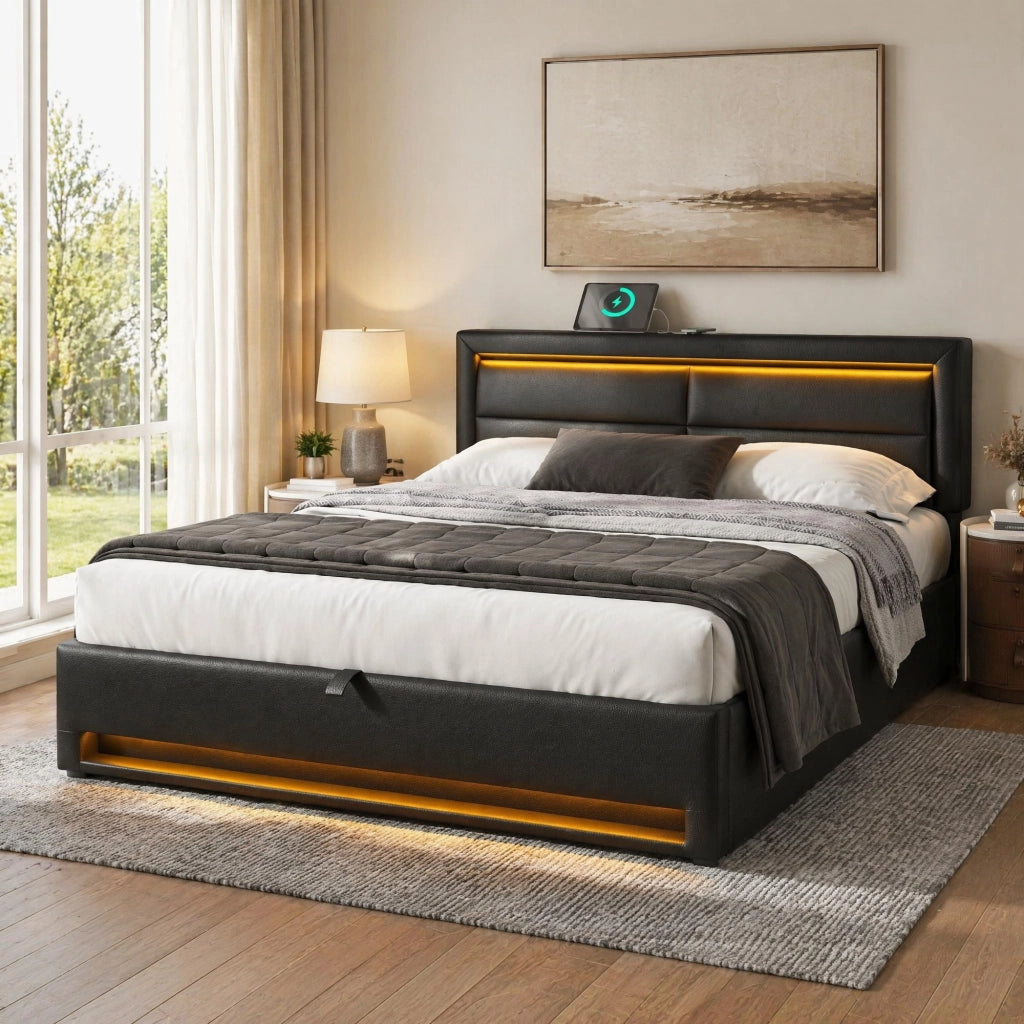 Letto imbottito 140x200 cm con USB; LED e contenitore; PU nero