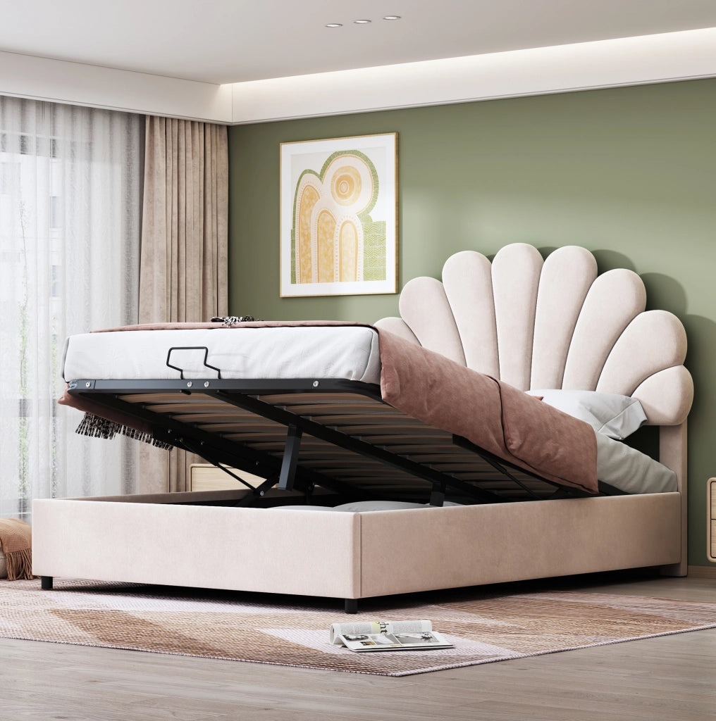 Letto imbottito 140x200 cm con contenitore idraulico e testiera floreale beige