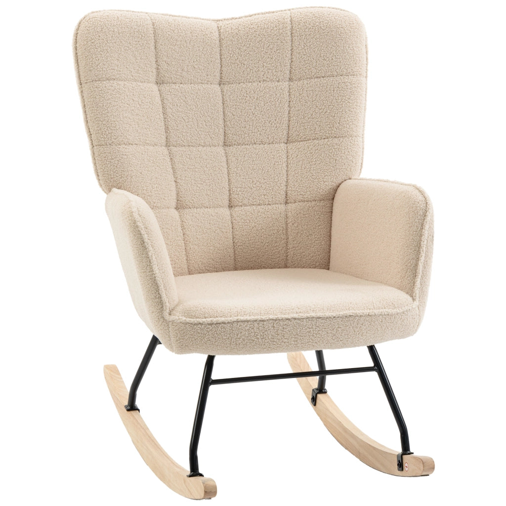 Poltrona a dondolo imbottita in legno e acciaio beige per soggiorno e camera da letto, design moderno ed ergonomico, 71x98x101 cm