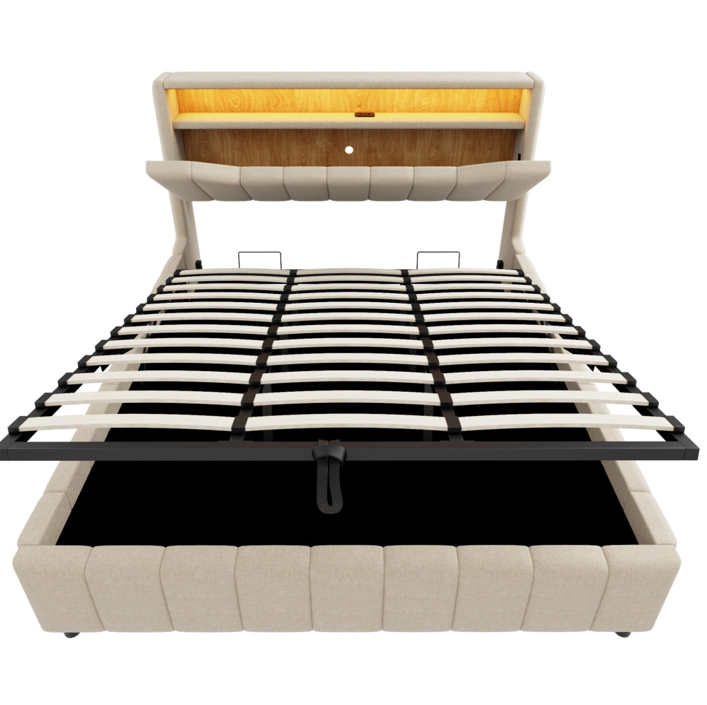 Letto contenitore ULEVR 180x200 cm con sistema idraulico, LED, USB e USB-C, rivestimento in tessuto beige