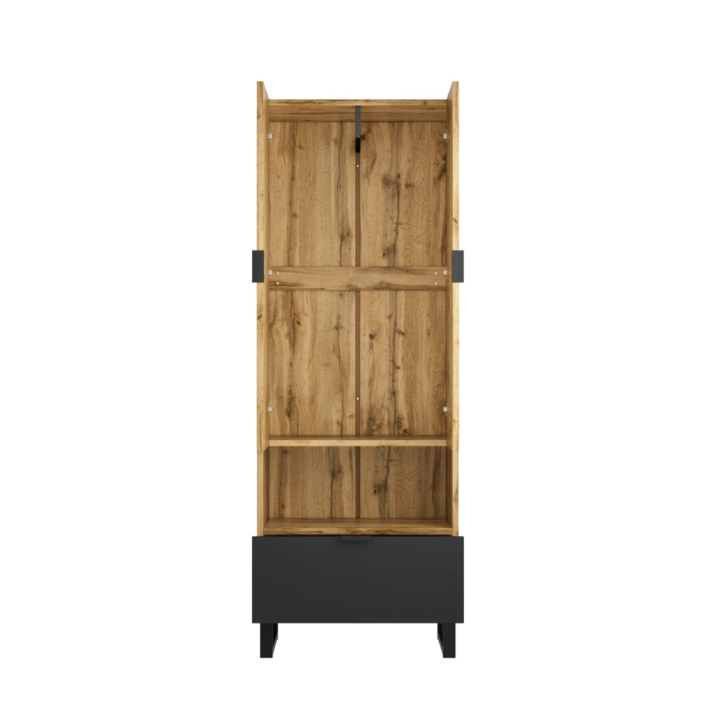 Armadio da ingresso con cassetto, vano aperto, 3 ripiani, 2 regolabili e appendiabiti, nero e rovere, 65 × 38 × 180 cm