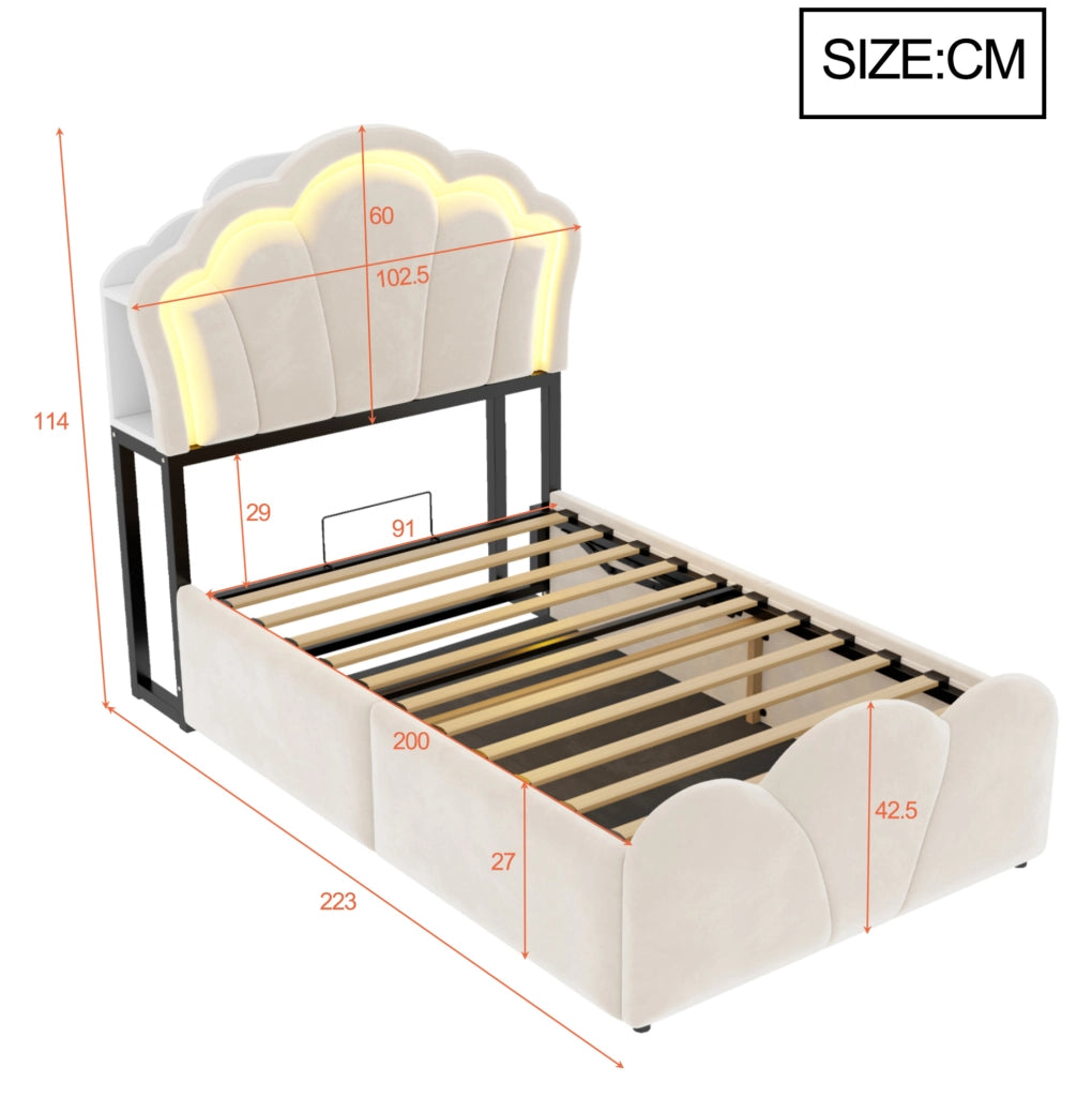 Letto imbottito 90x200 cm beige con contenitore, LED e prese
