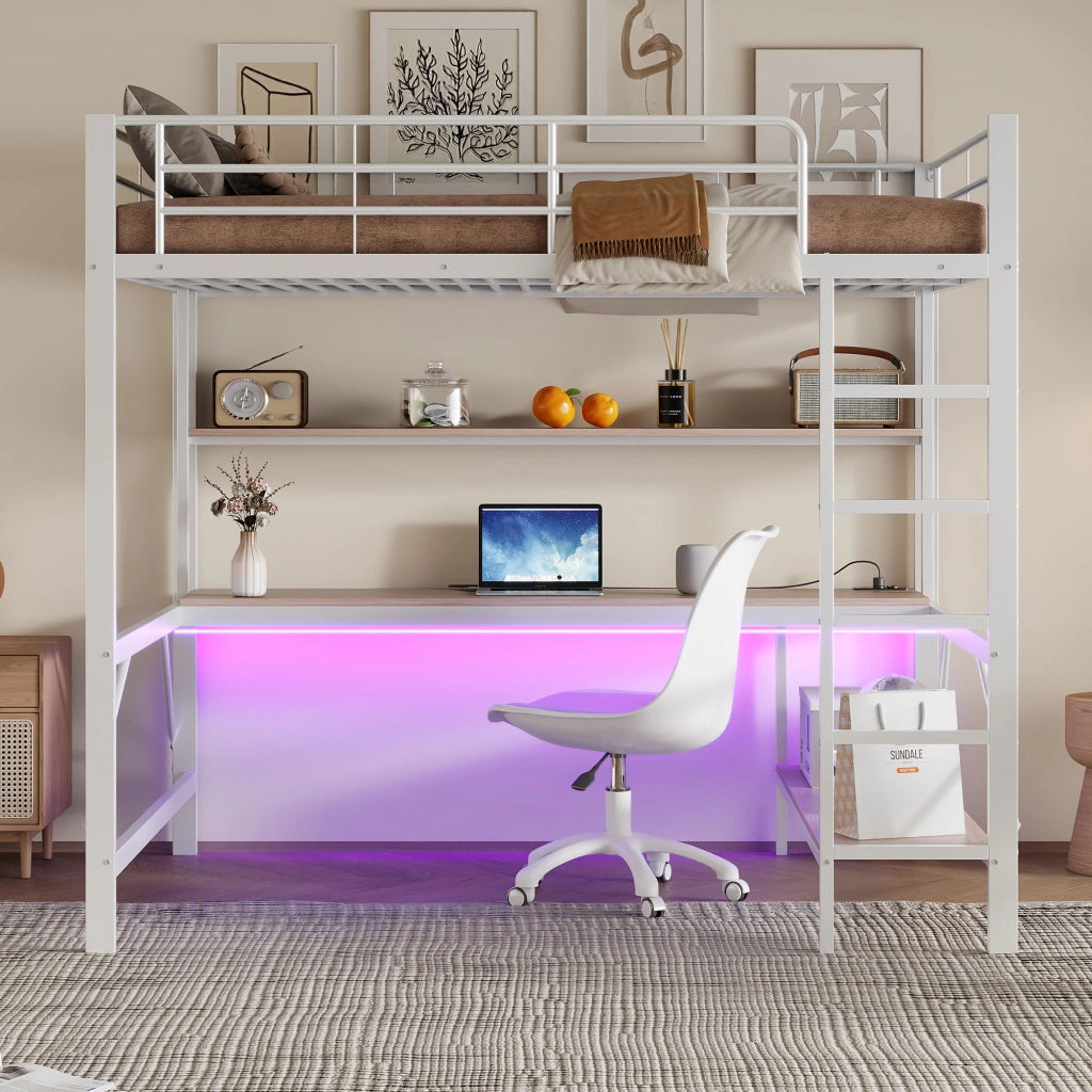 Letto a Soppalco 140x200 cm in metallo con Scrivania; LED; USB-C; Ripiani Bianco