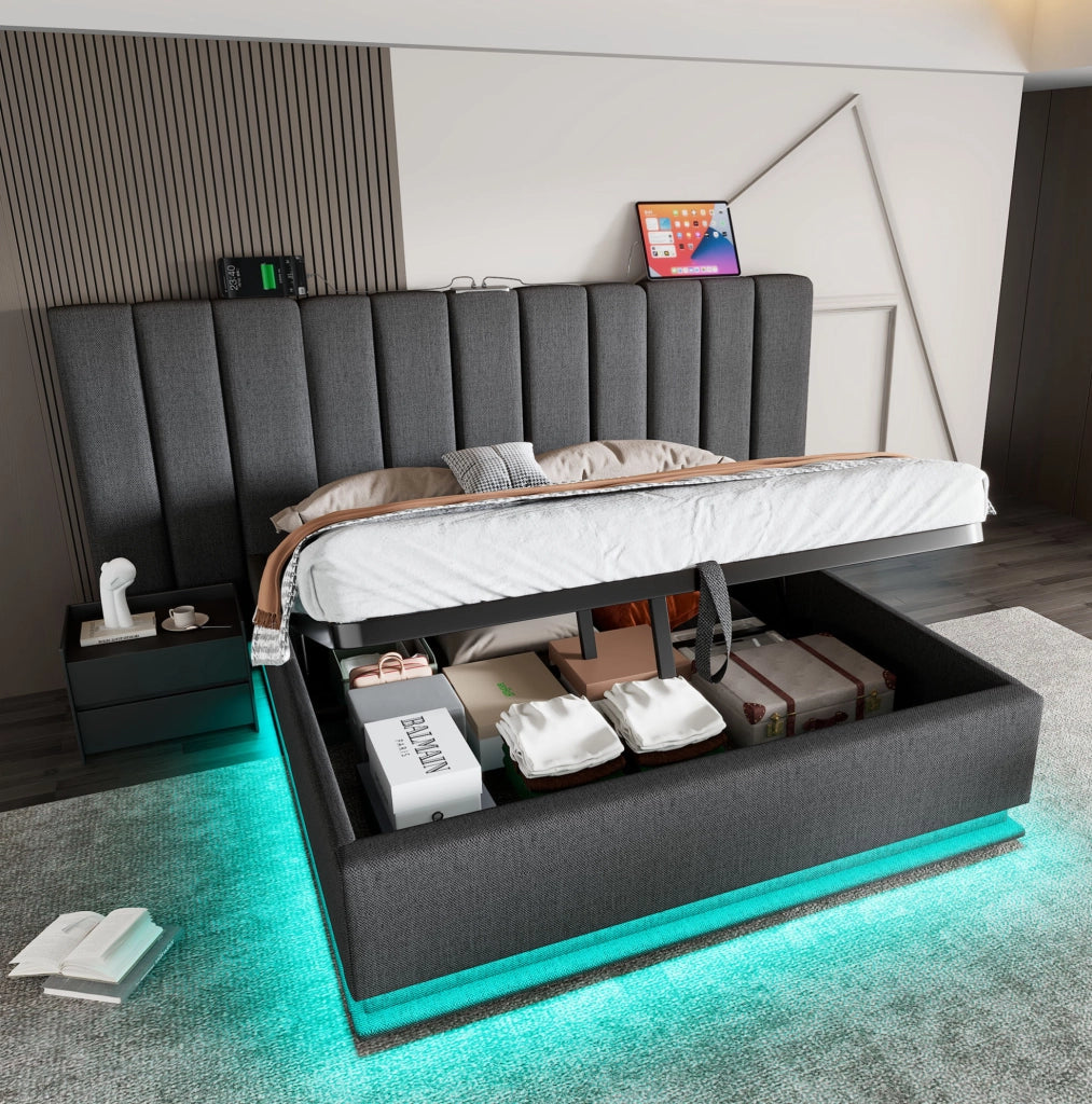 Letto contenitore 160x200 cm con LED 360°; USB e USB-C; lino grigio