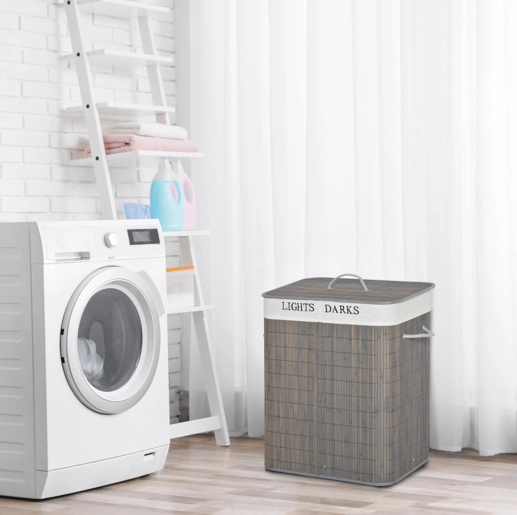 Cesto porta biancheria in bambù 100L con 2 scomparti, coperchio pieghevole con maniglia, sacco interno estraibile e lavabile, grigio