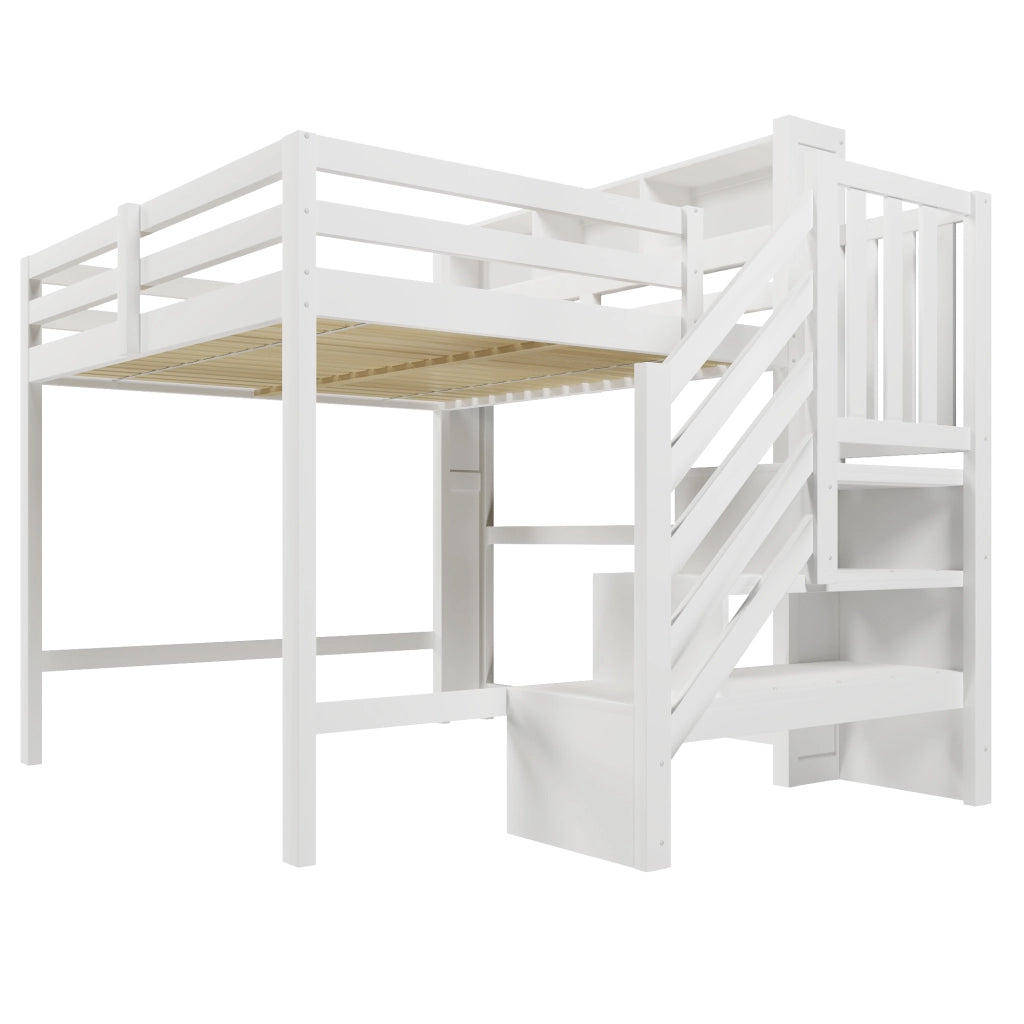 Letto a soppalco 140x200 cm con LED; scala contenitore e struttura bianca
