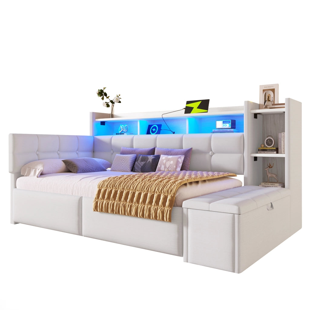Daybed 90x190 cm in velluto bianco con 2 cassetti; LED; USB e porta Type-C