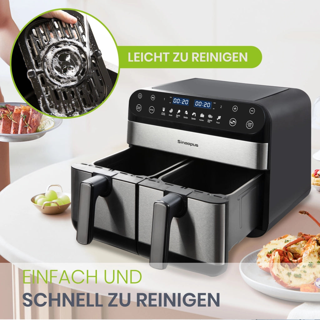 Friggitrice ad aria 10 l a doppio cestello indipendente 2400 W con display LED touch e 8 programmi colore nero