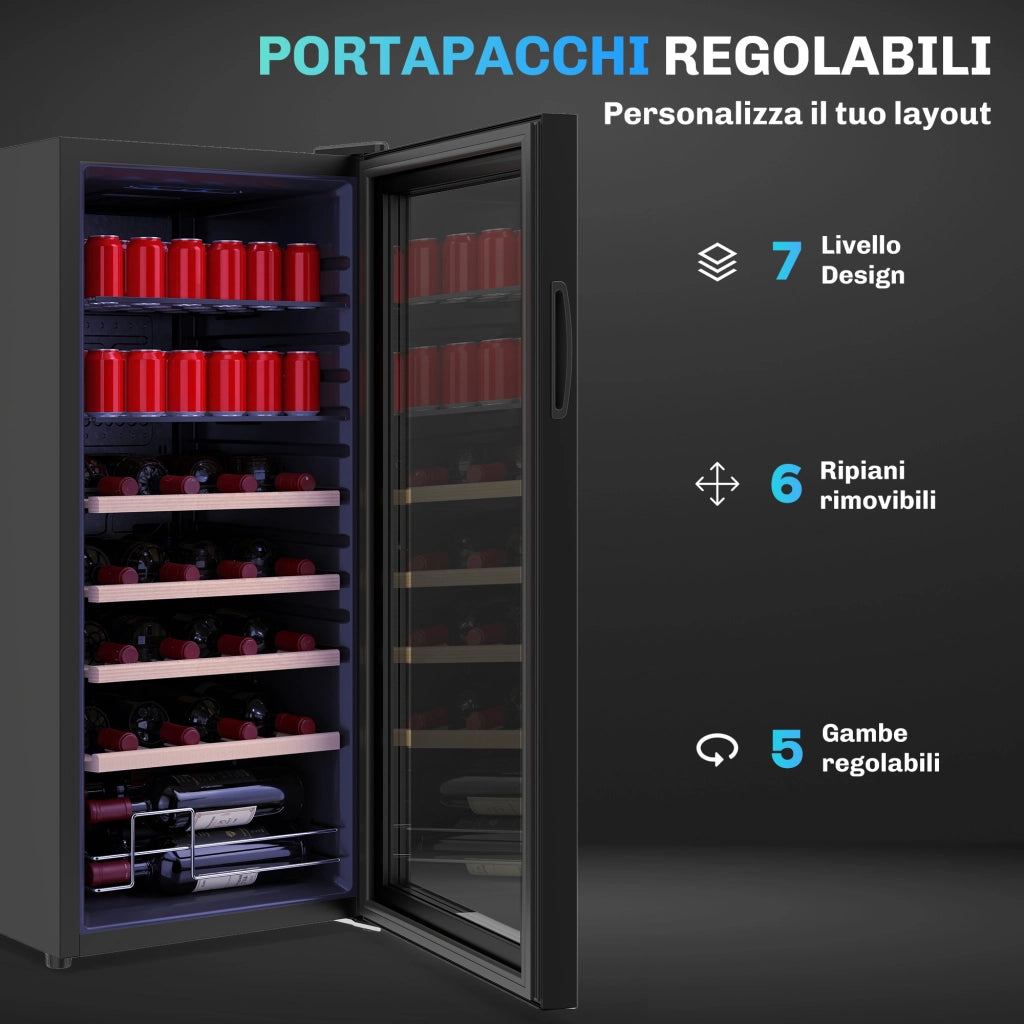 Cantinetta frigo per vino nera 92L con ripiani regolabili, 20 bottiglie e 50 lattine, silenziosa, per casa e bar, 43x45x94 cm