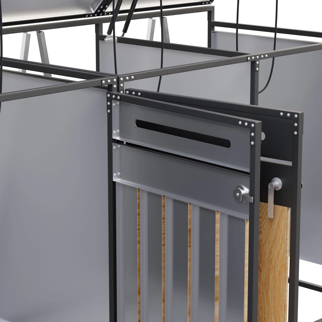 Cassonetto porta rifiuti a 4 scomparti con coperchio idraulico, rivestimento effetto legno verticale, ventilazione a fori lunghi, struttura in ferro con serratura