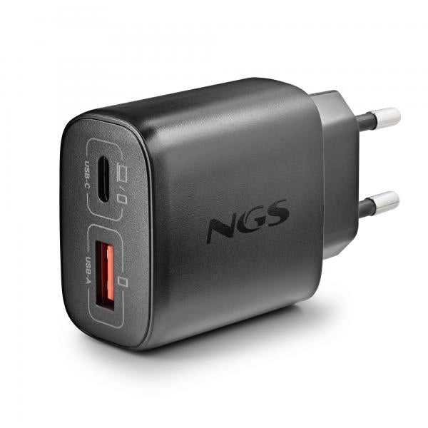 NGS ERA 45W BLACK: CARICATORE GaN DA PARETE UNIVERSALE DA 45W con 2 porte: USB-C + USB-A