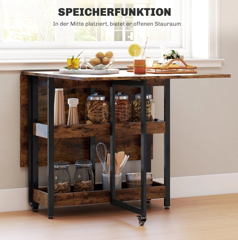 Tavolo da pranzo pieghevole rustico in melaminico 133,4x80x75 cm con 2 ripiani aperti, per 2-4 persone
