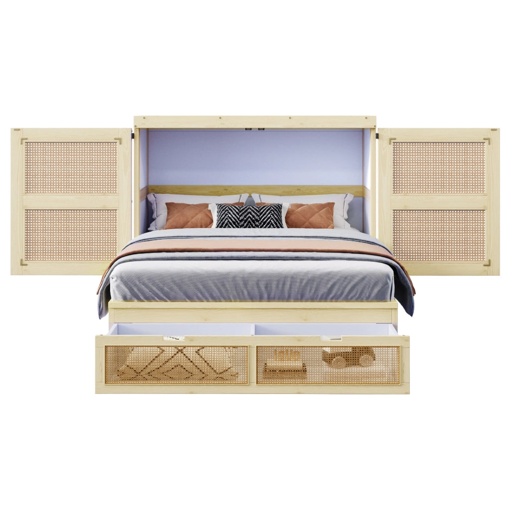Letto a scomparsa 140x200 cm con struttura in legno color legno e cassetti contenitori, design con rattan, letto singolo salvaspazio