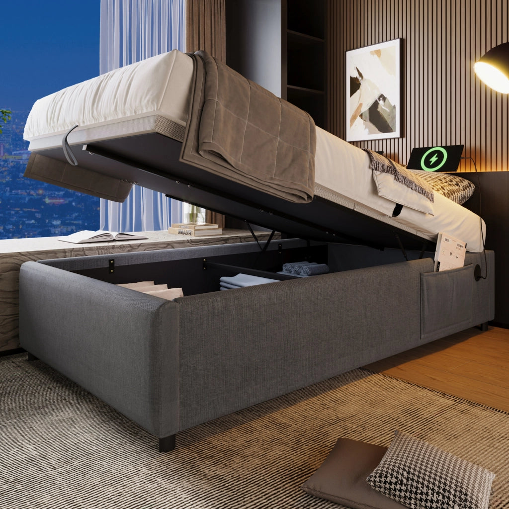 Letto contenitore singolo 90x200 cm con USB e USB C; cotone e lino grigio