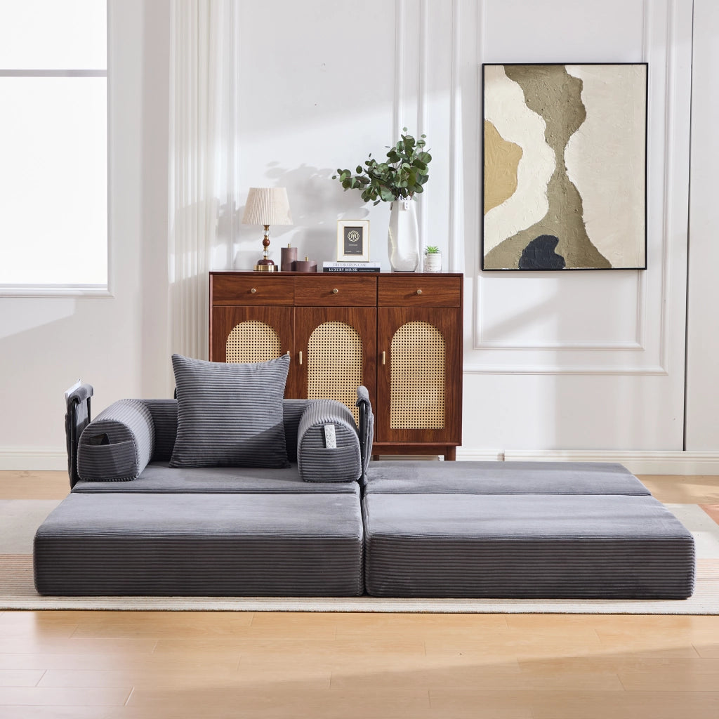 Poltrona con pouf modulare a compressione con tasca laterale e cuscino in velluto a coste grigio scuro