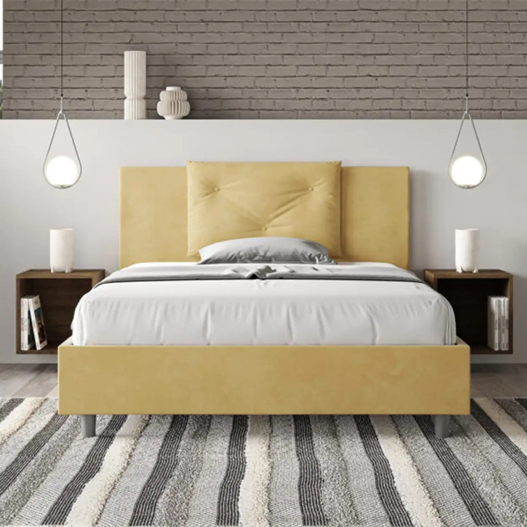 Letto matrimoniale francese con rete imbottito 140x210 microfibra ocra Appia