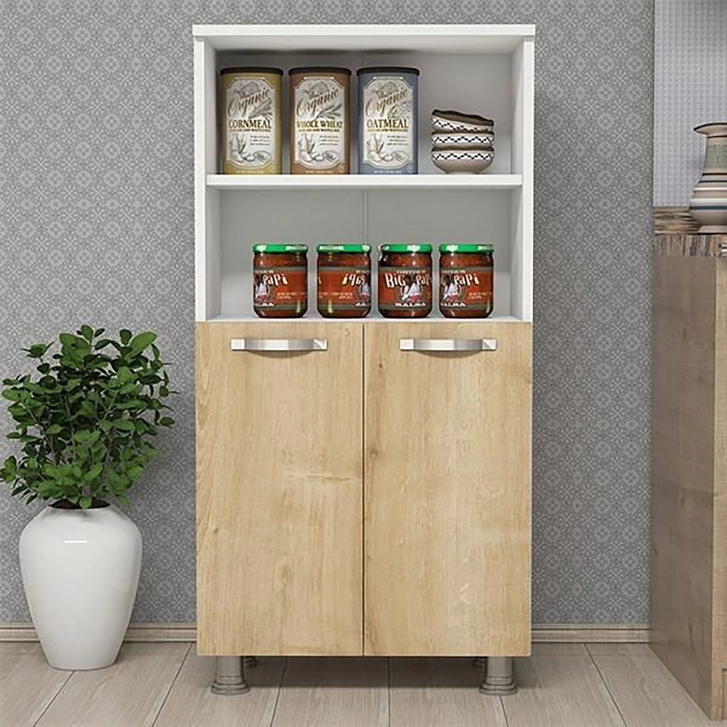 Credenza 'Haslev' Armadio da Cucina con Scomparti e 2 Ante Battente - Bianco / Zaffiro Rovere [en.casa]