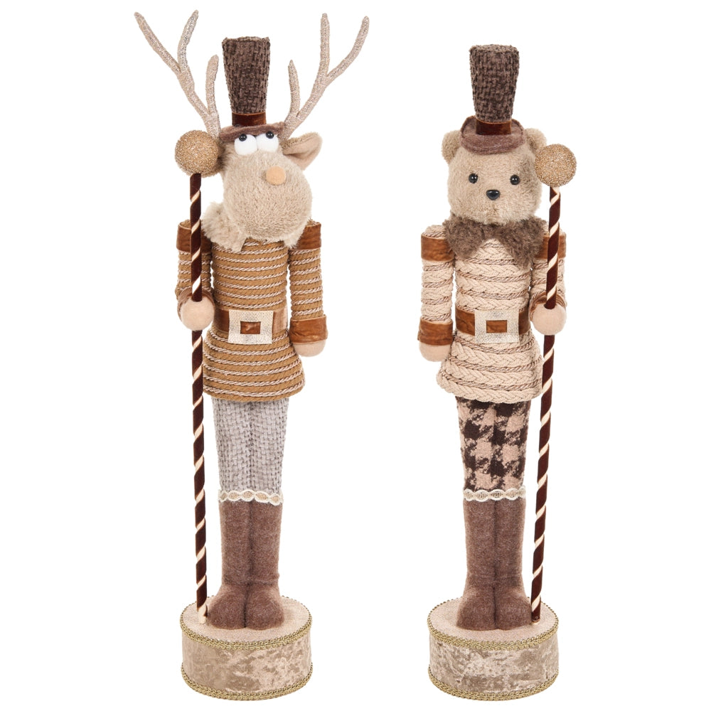 Set di 2 statuette schiaccianoci beige a forma di orso e renna fatte a mano, decorazioni natalizie