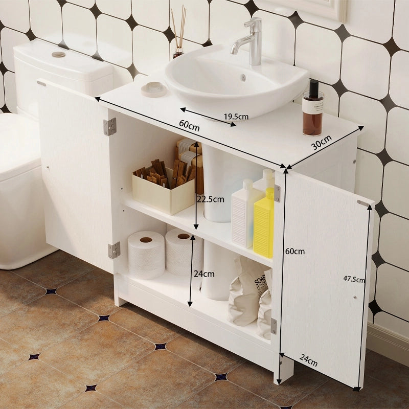 Mobiletto da bagno bianco con ante, ripiani in legno e mensola