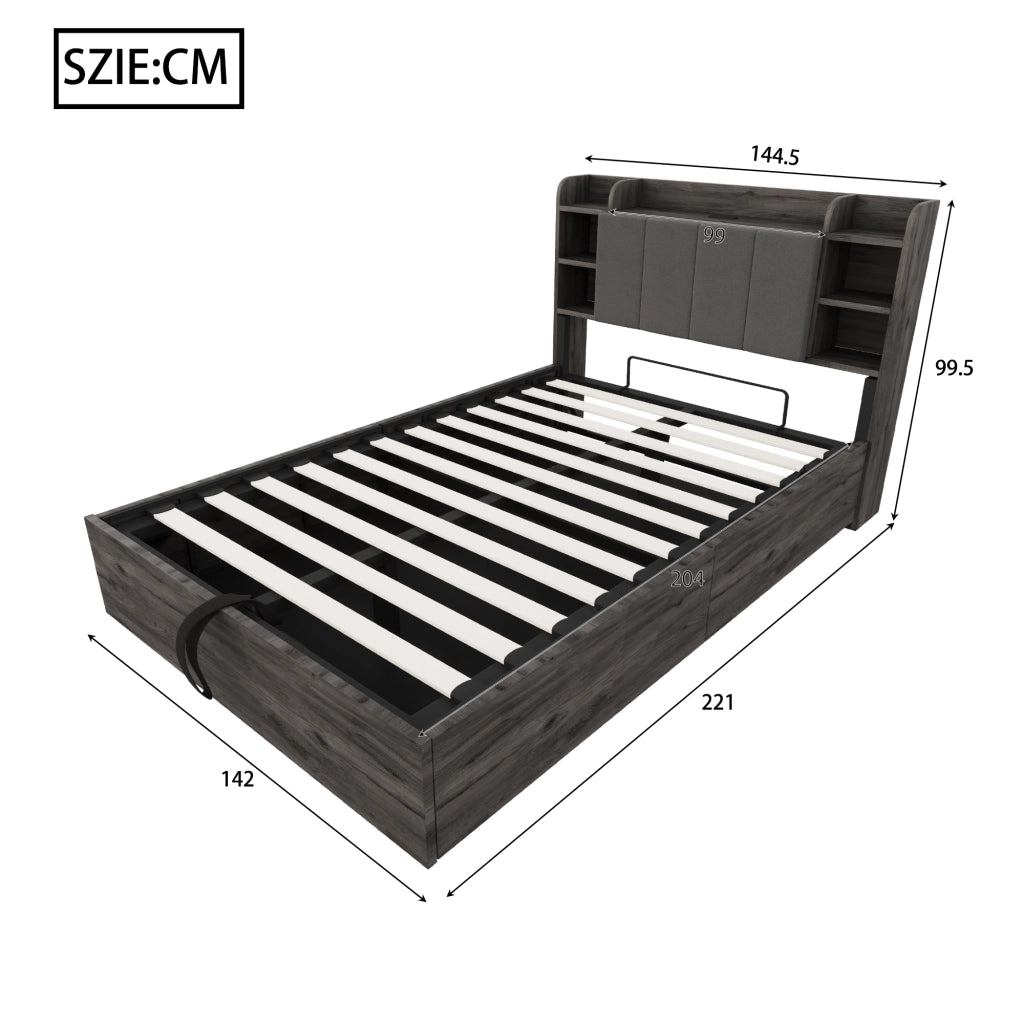 Letto contenitore 140 × 200 cm con testiera a ripiani MDF grigio prese USB e Type-C sollevamento idraulico