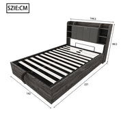 Letto contenitore 140 × 200 cm con testiera a ripiani MDF grigio prese USB e Type-C sollevamento idraulico