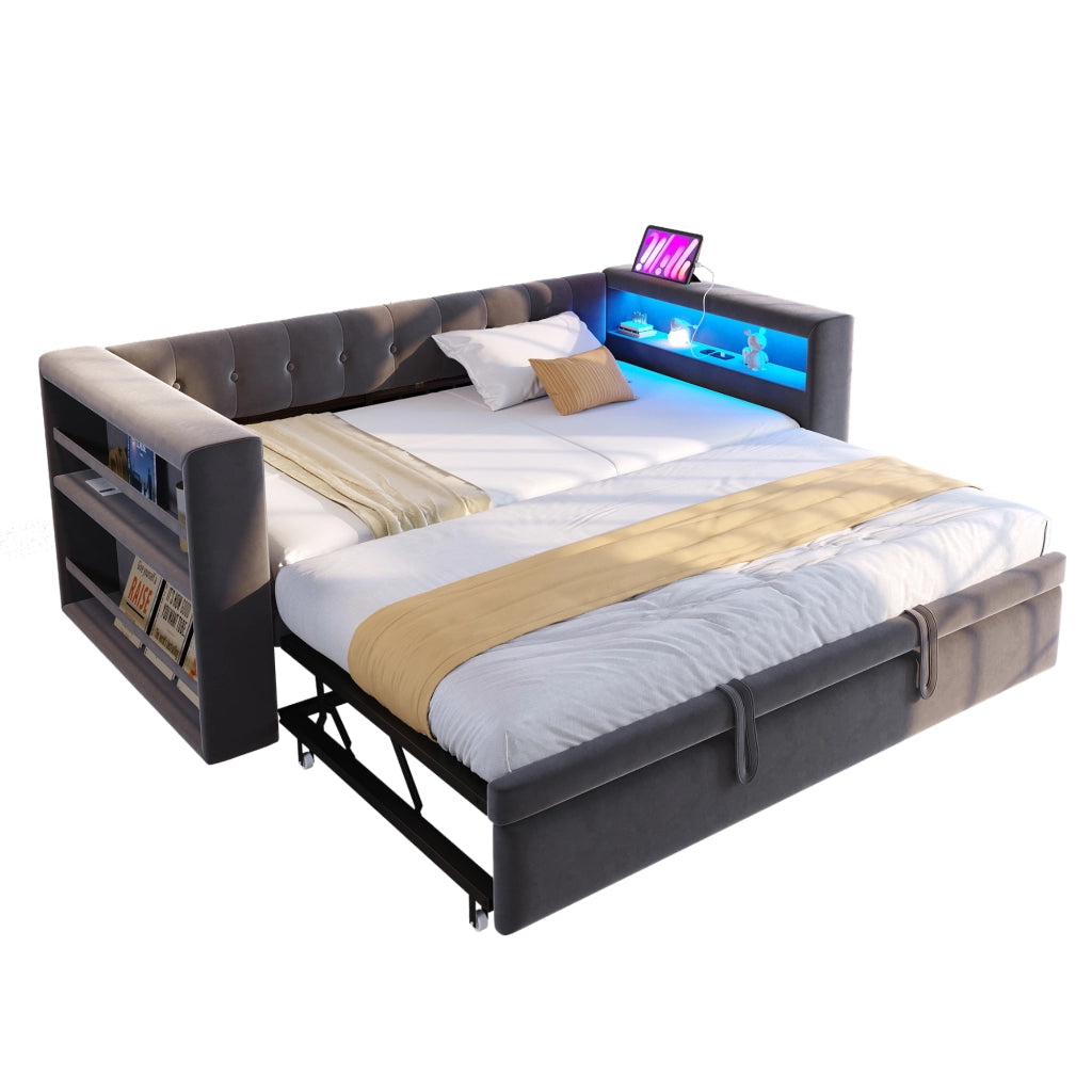 Letto estraibile 90 x 190 cm, divano letto con illuminazione LED, porte USB, tessuto flanella grigio scuro, rete a doghe inclusa