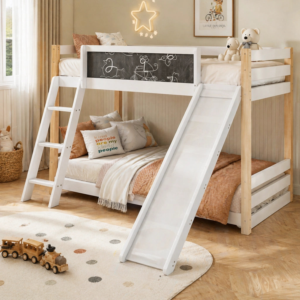Letto a castello per bambini bianco 90x200 cm con scala, scivolo e lavagna